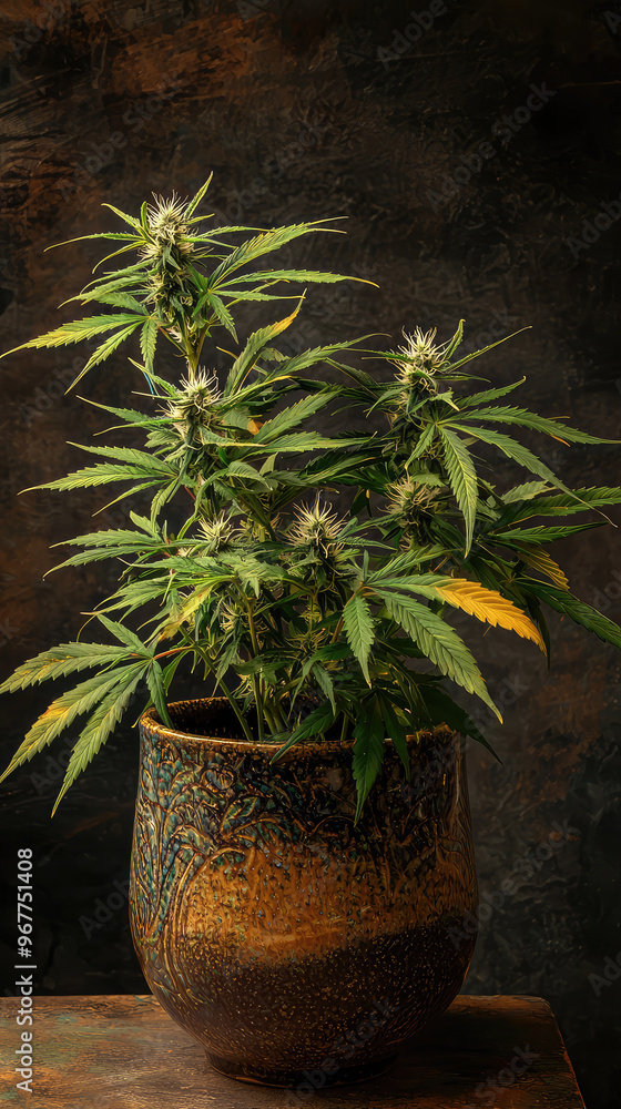 A cannabis flower arrangement in decorative vase showcases vibrant green leaves and delicate buds, creating striking visual appeal. earthy tones of vase complement plant beautifully, enhancing overall A cannabis flower arrangement in decorative vase showcases vibrant green leaves and delicate buds, creating striking visual appeal. earthy tones of vase complement plant beautifully, enhancing overall