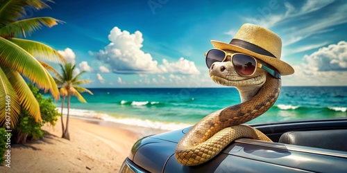 A playful serpent wearing sunglasses and a fedora, slithering out of a miniature convertible, with a cheeky expression photo