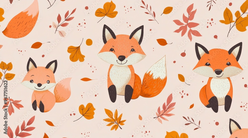 Seamless Kawaii Animal Pattern with Autumn Leaves on Pink Background Seamless Kawaii Animal Pattern with Autumn Leaves on Pink Background