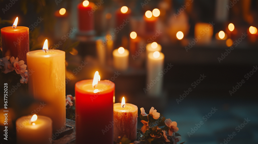 Multiple Candles in Warm Tones Illuminating a Peaceful Night Setting Multiple Candles in Warm Tones Illuminating a Peaceful Night Setting
