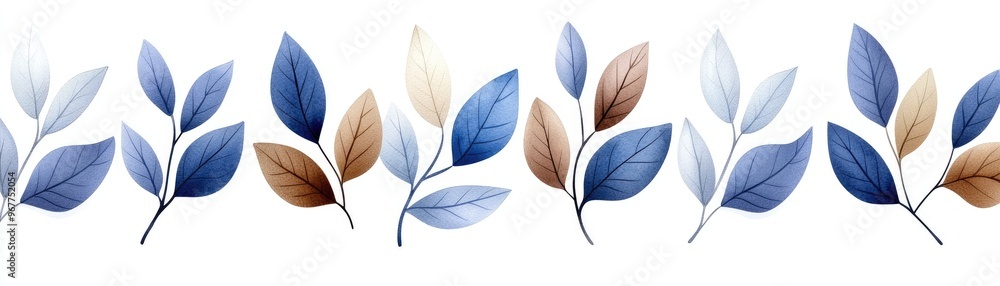 Obraz premium Watercolor Blue and Brown Leaves Seamless Pattern