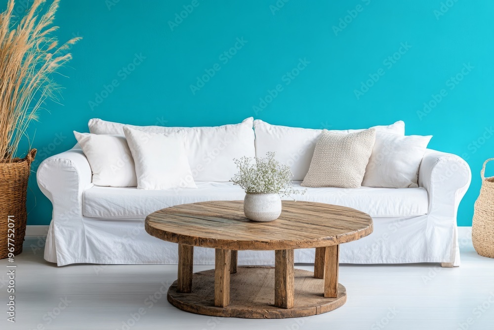 Rustic Round Coffee Table Placed Near a White Sofa Against a Turquoise Wall in a Modern Scandinavian Living Room. Contemporary Home Interior Design Showcasing Minimalist and Cozy Aesthetics. Rustic Round Coffee Table Placed Near a White Sofa Against a Turquoise Wall in a Modern Scandinavian Living Room. Contemporary Home Interior Design Showcasing Minimalist and Cozy Aesthetics.