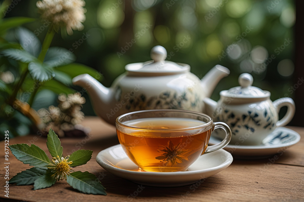 Medicinal plants and freshly brewed herbal tea set Medicinal plants and freshly brewed herbal tea set