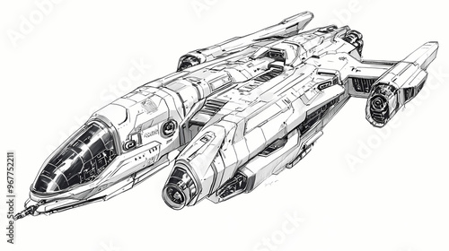 Fototapeta Naklejka Na Ścianę i Meble -  Hand drawn technological interstellar spaceship illustration. Spaceship. Illustration