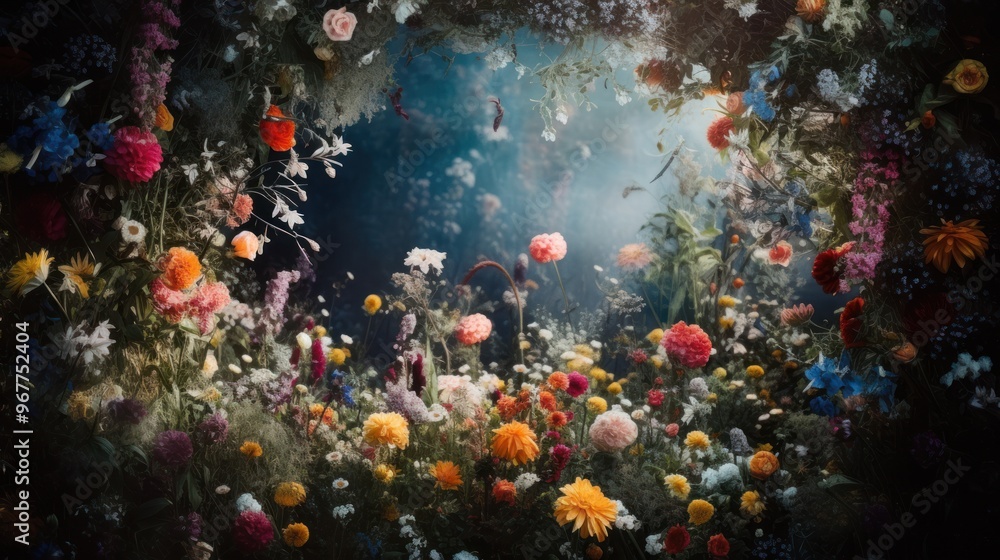 Fototapeta premium Mystical fantasy forest landscape with flower magic portal.
