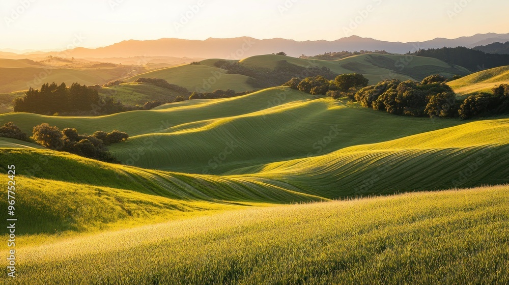 Obraz premium A serene landscape featuring rolling green hills under a golden sunset.