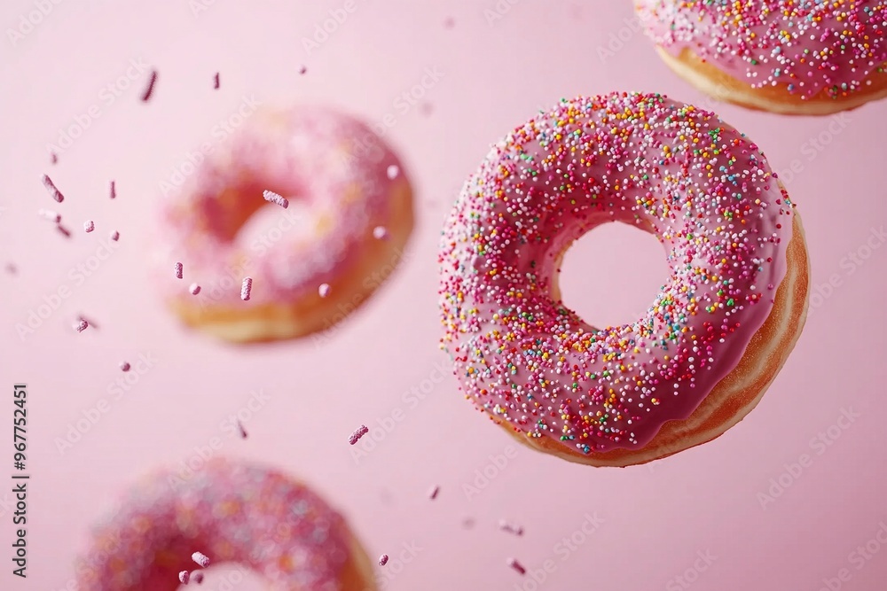 Donuts with sprinkles flying over pink background. Donuts with sprinkles flying over pink background.