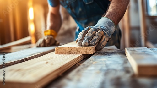 carpenter smoothing the planks of wood with sandpaper


 photo