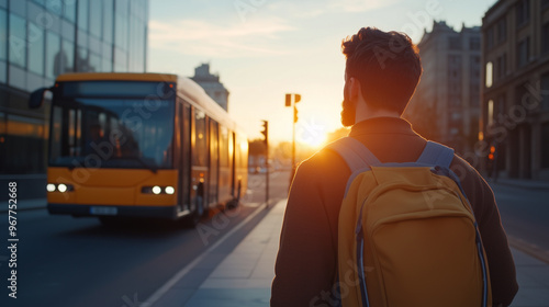 A man with yellow backpack stands on street, watching bus approach as sun sets in background, creating warm and reflective atmosphere photo