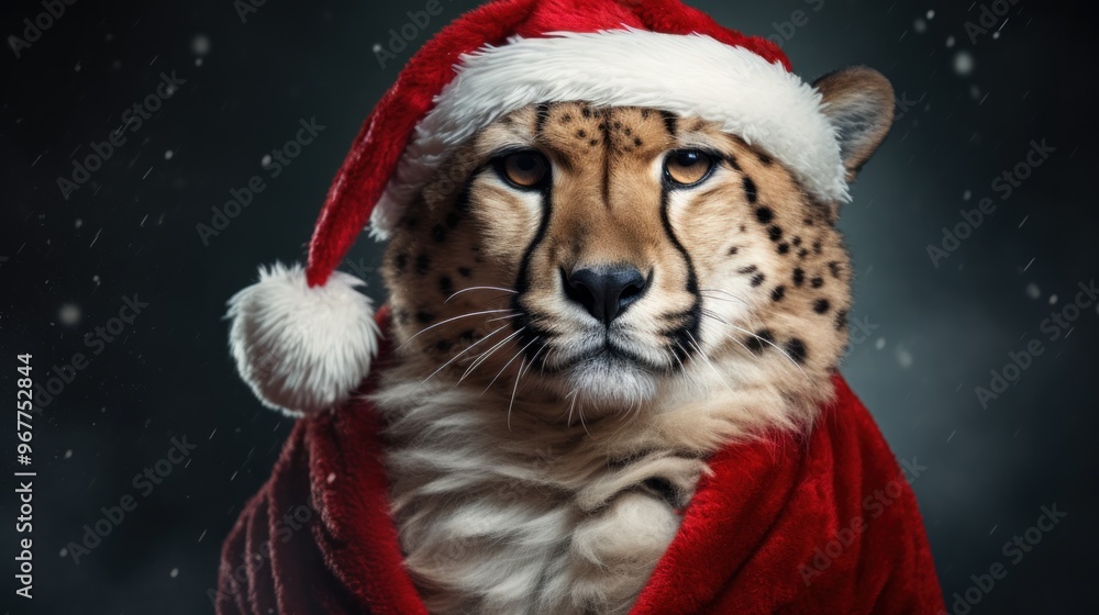 Portrait of a cheetah in Santa hat. Christmas background. Portrait of a cheetah in Santa hat. Christmas background.