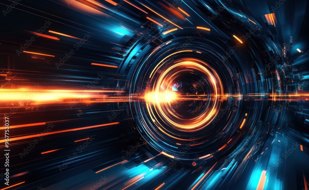 Abstract Digital Tunnel with Glowing Lines and Circular Lights Abstract Digital Tunnel with Glowing Lines and Circular Lights