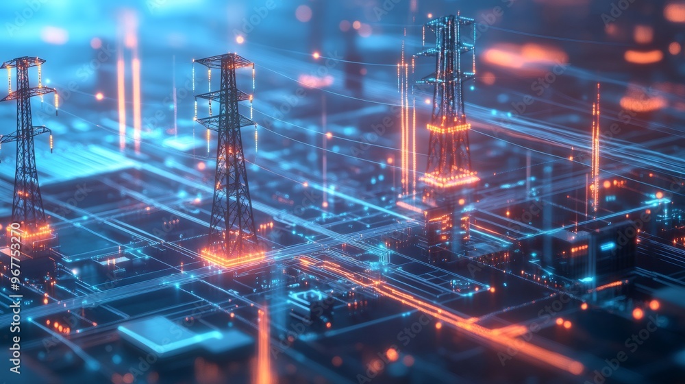 Fototapeta premium Futuristic Cityscape with glowing electric towers on a circuit board.