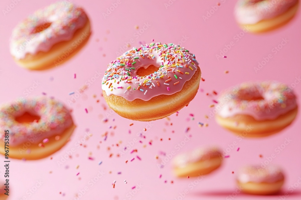 Donuts with sprinkles flying over pink background. Donuts with sprinkles flying over pink background.