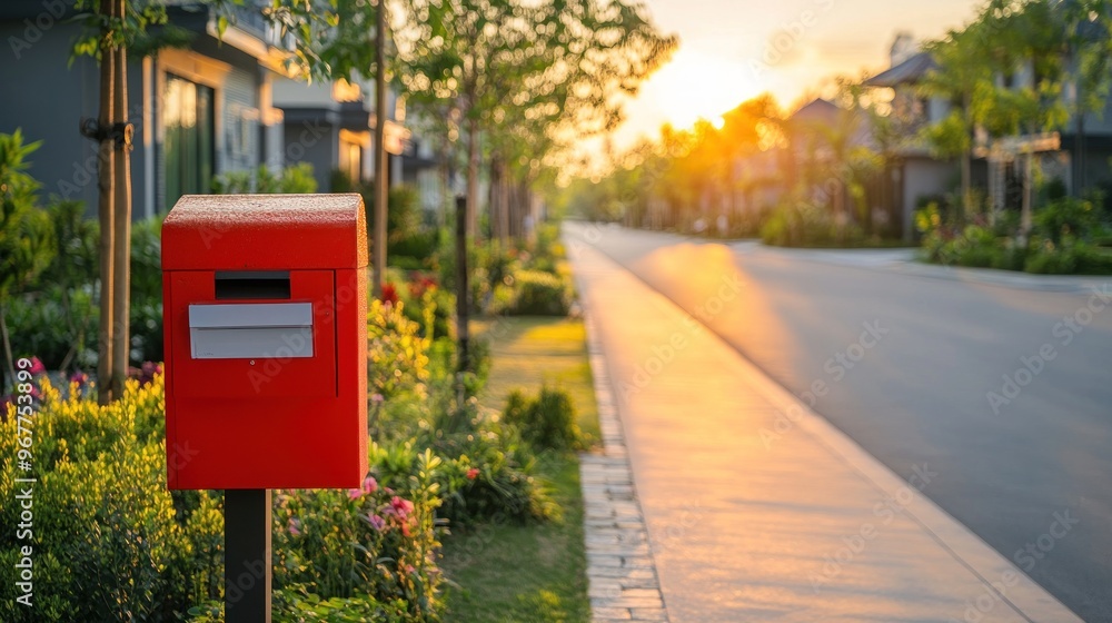 Red mailbox on a suburban street at sunset.