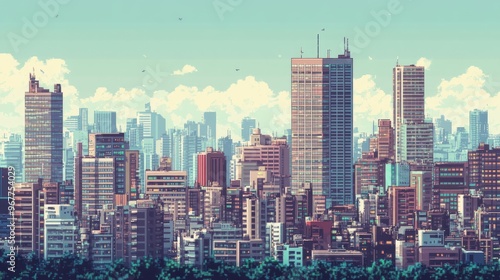 Pixelated 8-bit city skyline with blocky skyscrapers and pixel cars below, retro gaming aesthetic.