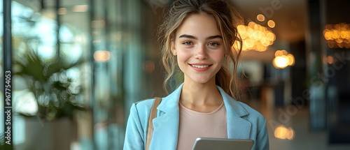 Marketing Accounting Secretary, A young business woman in professional attire, smiling and holding an iPad while standing at the office desk. She is wearing a blazer over her shirt  photo