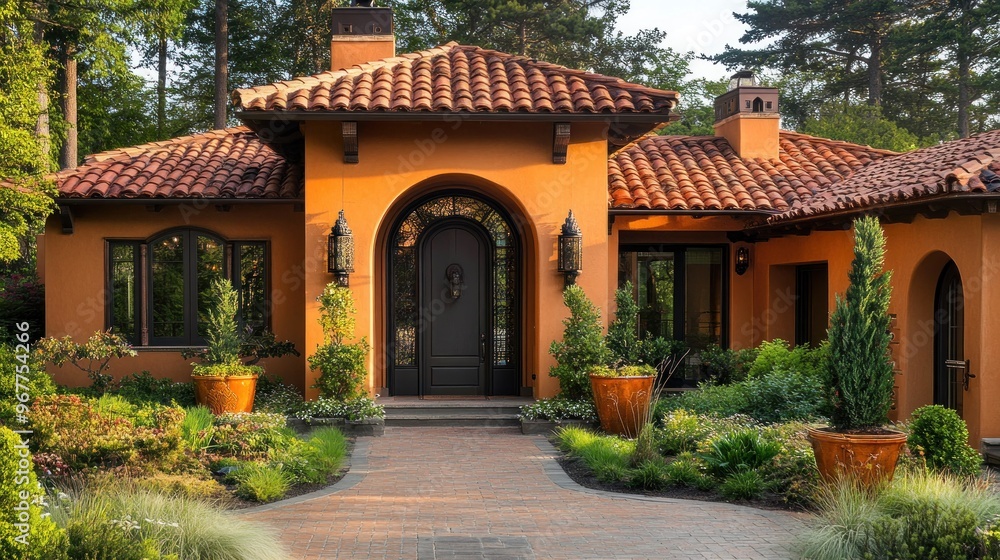 A brick walkway leads to a grand entrance of a Mediterranean style house with a terracotta roof, arched doorway, and lush landscaping. A brick walkway leads to a grand entrance of a Mediterranean style house with a terracotta roof, arched doorway, and lush landscaping.