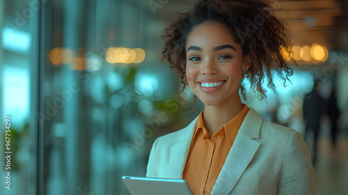 Marketing Accounting Secretary, A young business woman in professional attire, smiling and holding an iPad while standing at the office desk. She is wearing a blazer over her shirt  photo