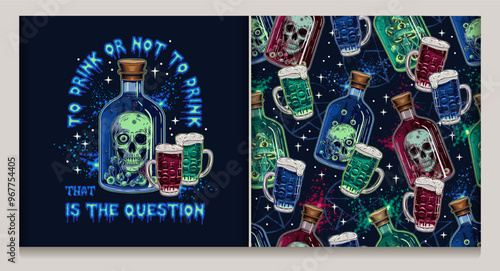 Pattern with bottle, label with potion with human skull inside, beer glass with poisonous potion. Pentagram sign, poison splashes on dark. Halloween creepy graphics