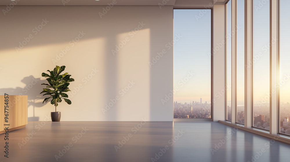 Fototapeta premium A modern office interior featuring large window with city view, potted plant, and minimalist reception area. space is bright and airy, evoking sense of tranquility and professionalism.