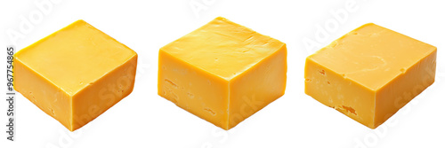 set of block of yellow cheddar cheese with a smooth, glossy surface on a transparent background