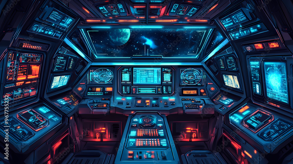 Obraz premium Futuristic spaceship cockpit interior. future spacecraft control panels technology, space travel concept. generative ai. Spaceship. Illustration
