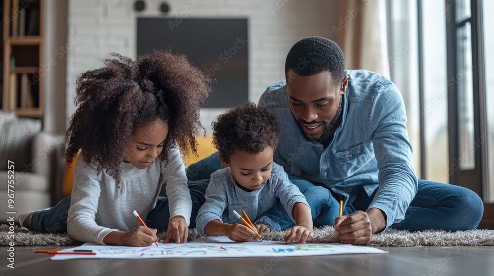 Obraz premium A father and his two children draw together. This image captures a moment of shared creativity and bonding between a family.