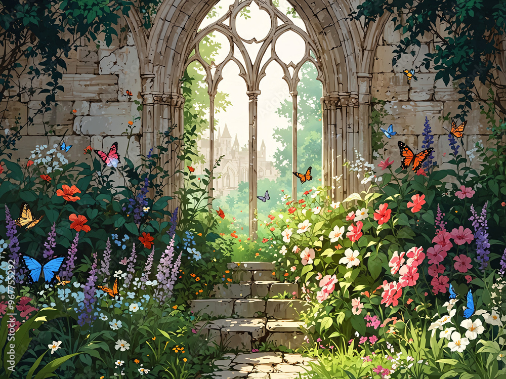 Fototapeta premium a hidden Gothic garden within an ancient castle