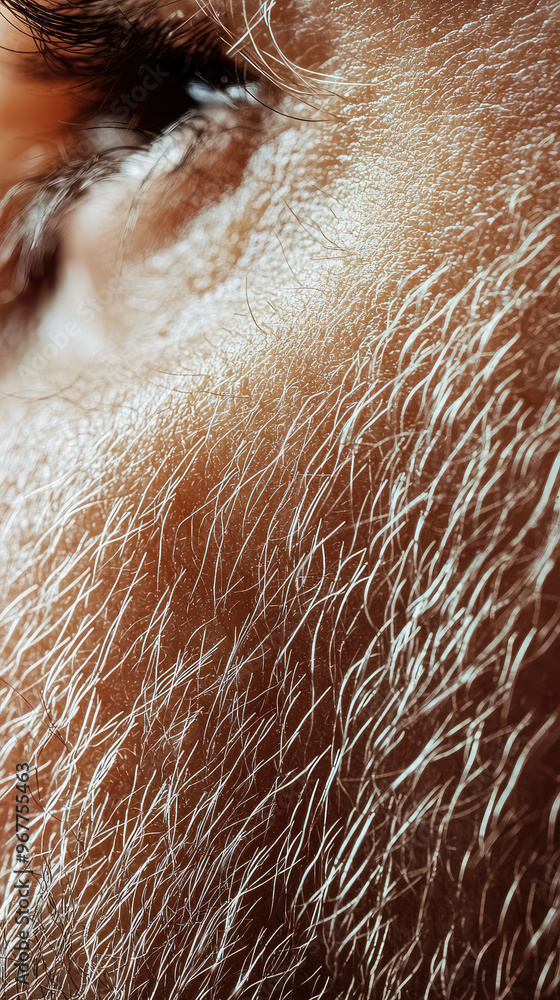 Fototapeta premium Close up view of human skin pores, showcasing fine hair and texture, highlighting intricate details of skin. This image captures natural beauty and complexity of human skin