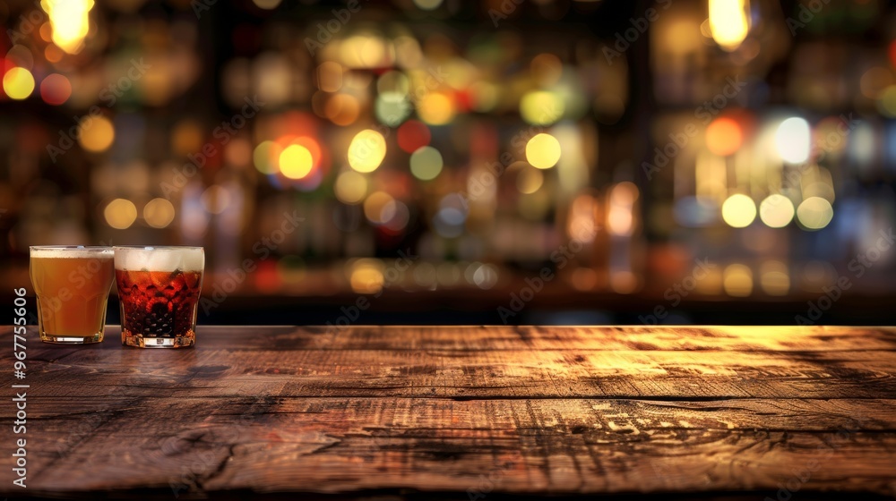 Wooden table with a view of blurred beverages bar backdrop Wooden table with a view of blurred beverages bar backdrop