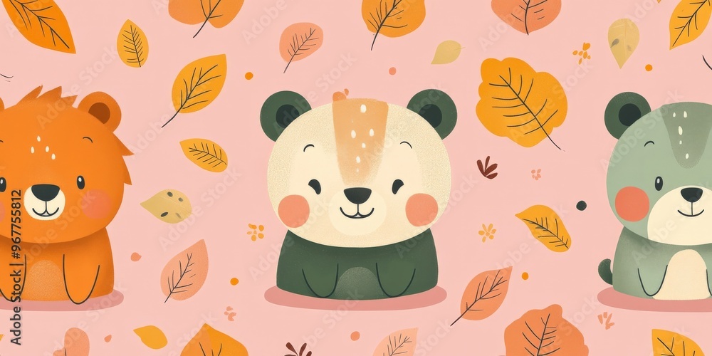 Seamless Kawaii Animal Pattern with Autumn Leaves on Pink Background Seamless Kawaii Animal Pattern with Autumn Leaves on Pink Background