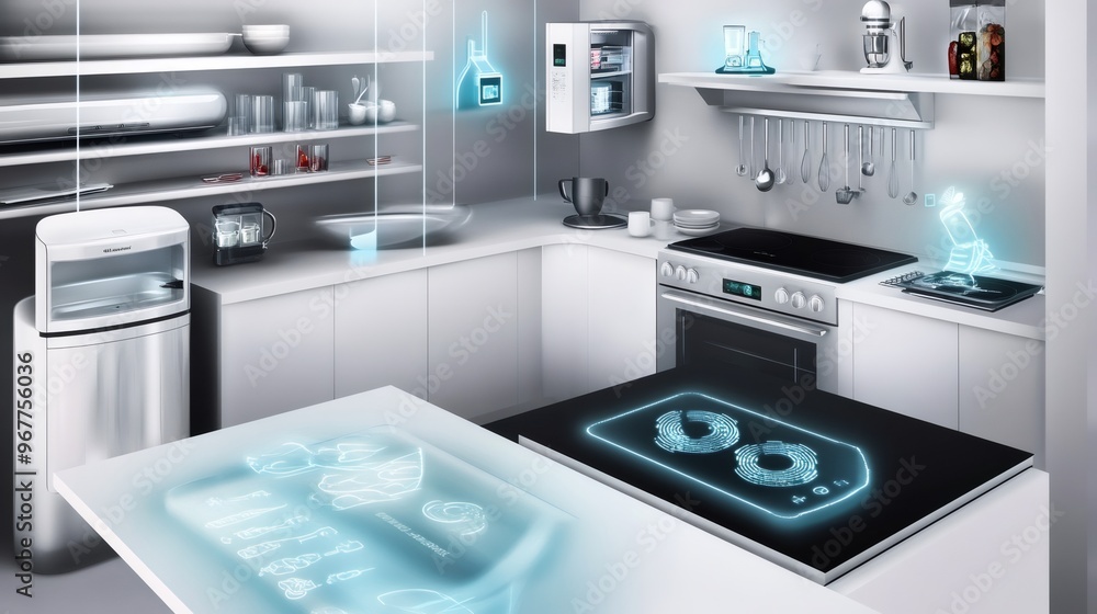 Futuristic kitchen with modern appliances, minimalist design, and a glowing holographic interface. Futuristic kitchen with modern appliances, minimalist design, and a glowing holographic interface.