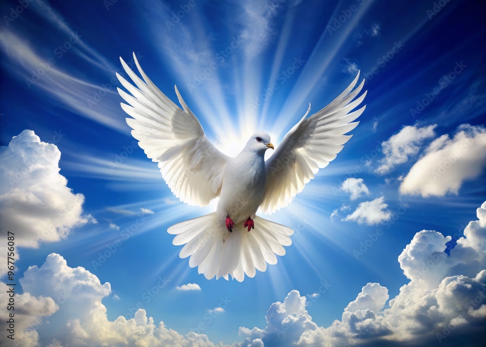 A serene white dove spreads its wings, soaring gracefully into a bright blue sky with fluffy clouds, symbolizing A serene white dove spreads its wings, soaring gracefully into a bright blue sky with fluffy clouds, symbolizing