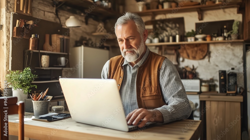 An elderly man working intently on a laptop in a cozy kitchen filled with plants and rustic decor during the day An elderly man working intently on a laptop in a cozy kitchen filled with plants and rustic decor during the day
