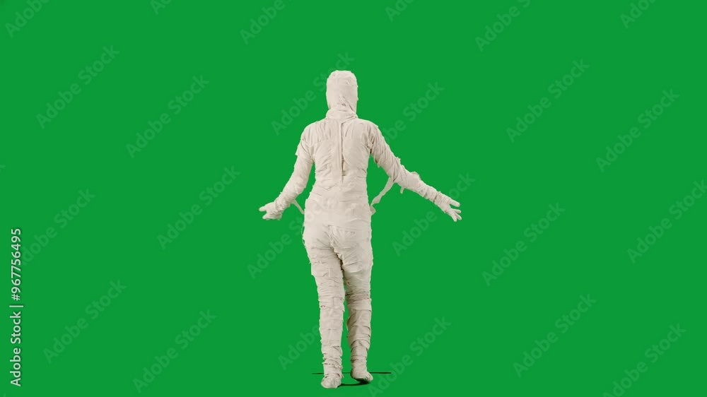 Portrait of person in a mummy bandage on chroma key green screen background. Mummy covered in white cloth ribbons walking and dancing funnily Back view Portrait of person in a mummy bandage on chroma key green screen background. Mummy covered in white cloth ribbons walking and dancing funnily Back view