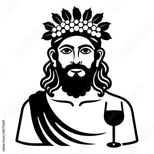 Dionysus, God of Wine and Revelry: A striking black and white vector illustration of Dionysus, the Greek god of wine, theatre, and festivity. This stylized depiction captures his essence, perfect for 