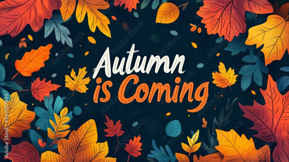 Autumn Is Coming Text with Colorful Leaf Pattern Autumn Is Coming Text with Colorful Leaf Pattern
