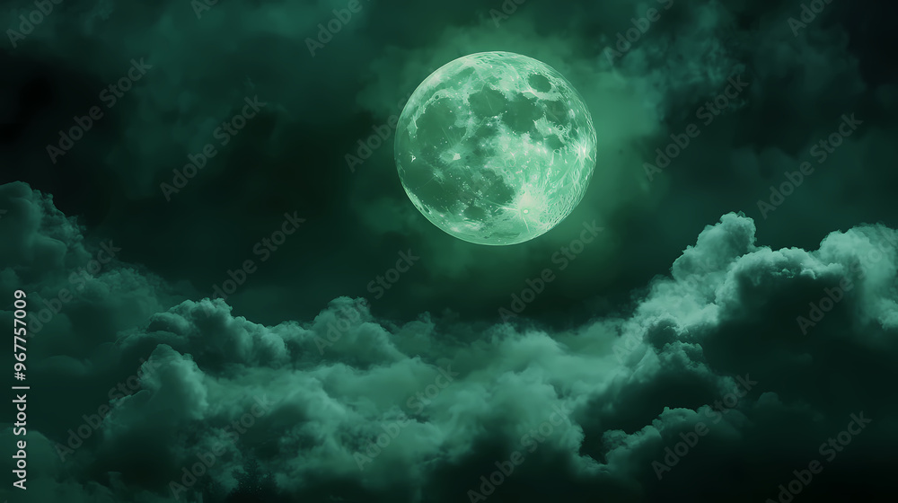 Green night sky with green moon and clouds backhround, green halloween background, scary spooky night. Full Moon Night. Illustration Green night sky with green moon and clouds backhround, green halloween background, scary spooky night. Full Moon Night. Illustration