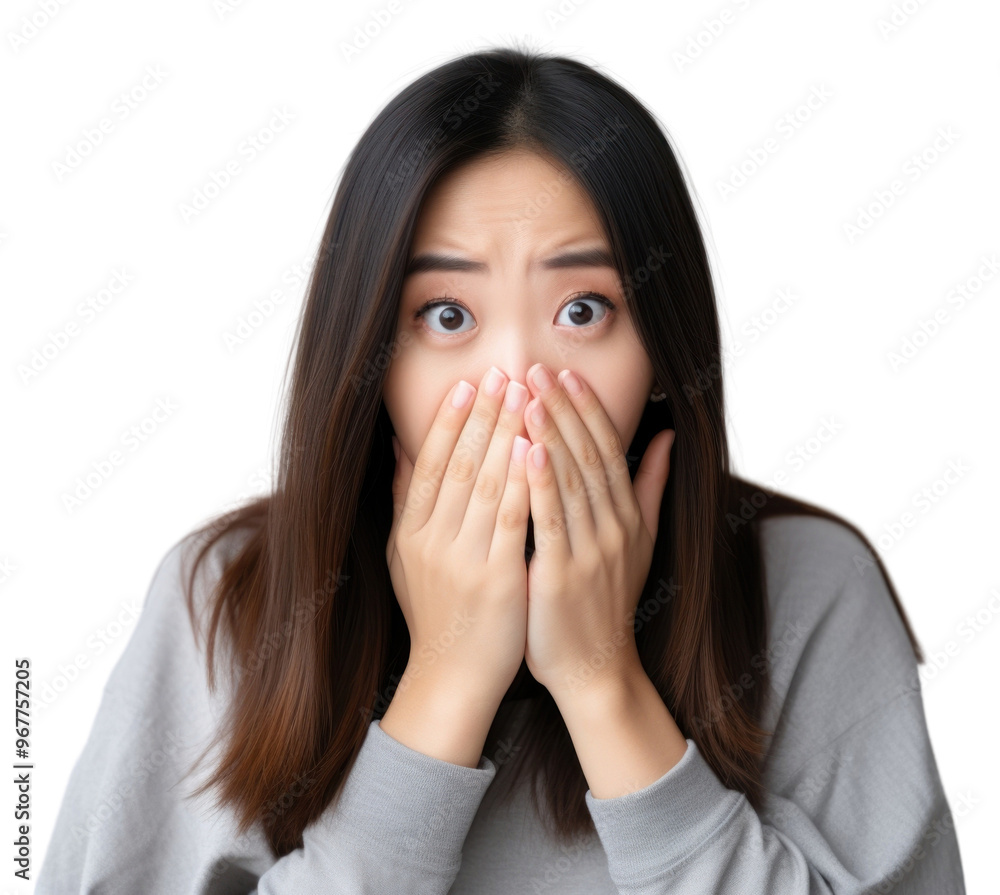 PNG Covering mouth with hands adult woman frustration. PNG Covering mouth with hands adult woman frustration.