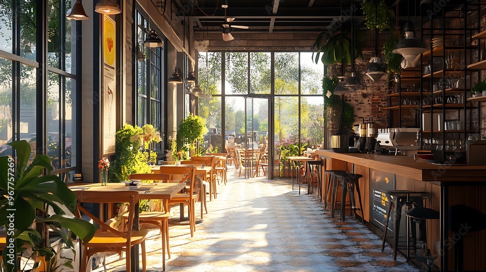 Modern Cafe Interior with Sunlight Streaming Through Windows Modern Cafe Interior with Sunlight Streaming Through Windows