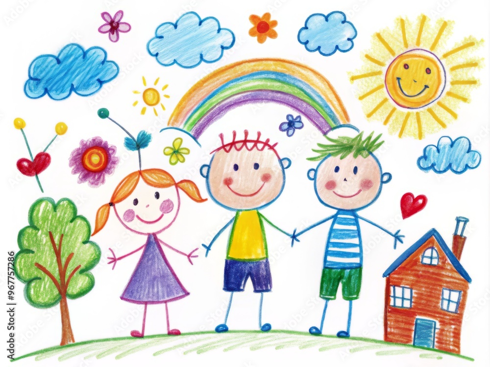 A simple yet vibrant illustration of a child's imagination, featuring colorful stick figures and whimsical doodles on a A simple yet vibrant illustration of a child's imagination, featuring colorful stick figures and whimsical doodles on a