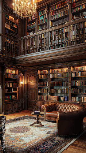 A cozy interior of traditional library featuring rich wooden bookshelves filled with books, comfortable leather sofa, and an elegant chandelier. warm ambiance invites relaxation and reading