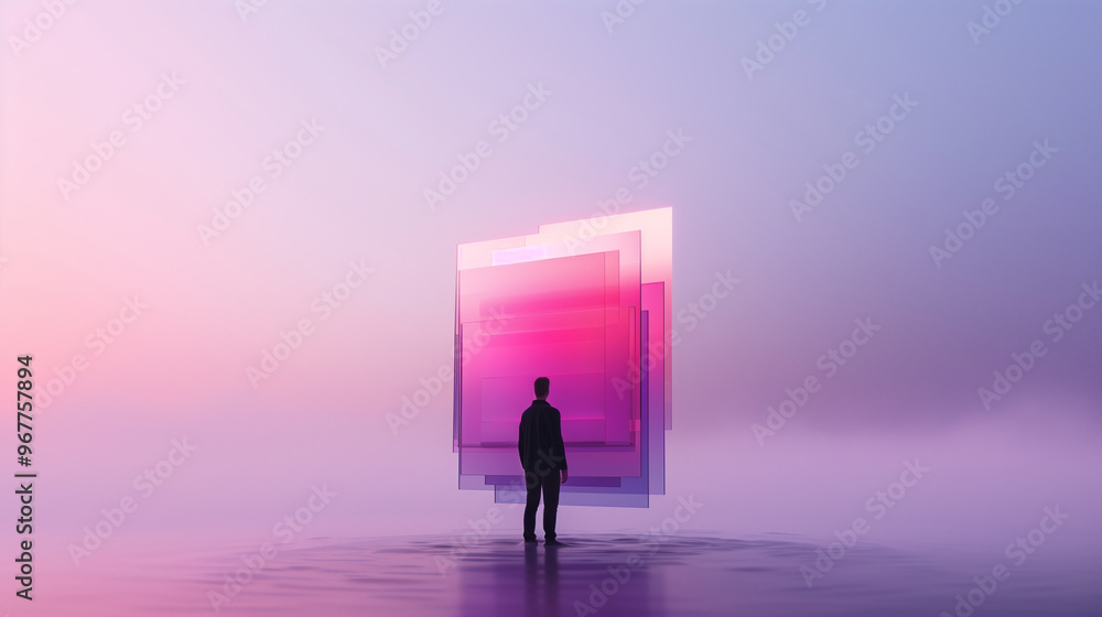 A person stands in surreal landscape, gazing at translucent layers of vibrant colors. scene evokes sense of wonder and contemplation, blending reality with abstraction. A person stands in surreal landscape, gazing at translucent layers of vibrant colors. scene evokes sense of wonder and contemplation, blending reality with abstraction.