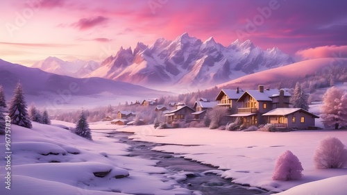 Wallpaper Mural A peaceful winter sunset over a landscape blanketed in snow and dotted with cozy homes, creating a stunning pinkish-purple glow that permeates the surrounding area Torontodigital.ca