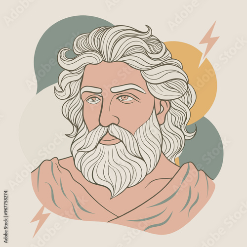 The Thunderer's Gaze: A portrait of Zeus, the Greek god of thunder, rendered in a modern, minimalist style with flowing hair, a stern gaze, and lightning bolts framing his powerful presence.  photo