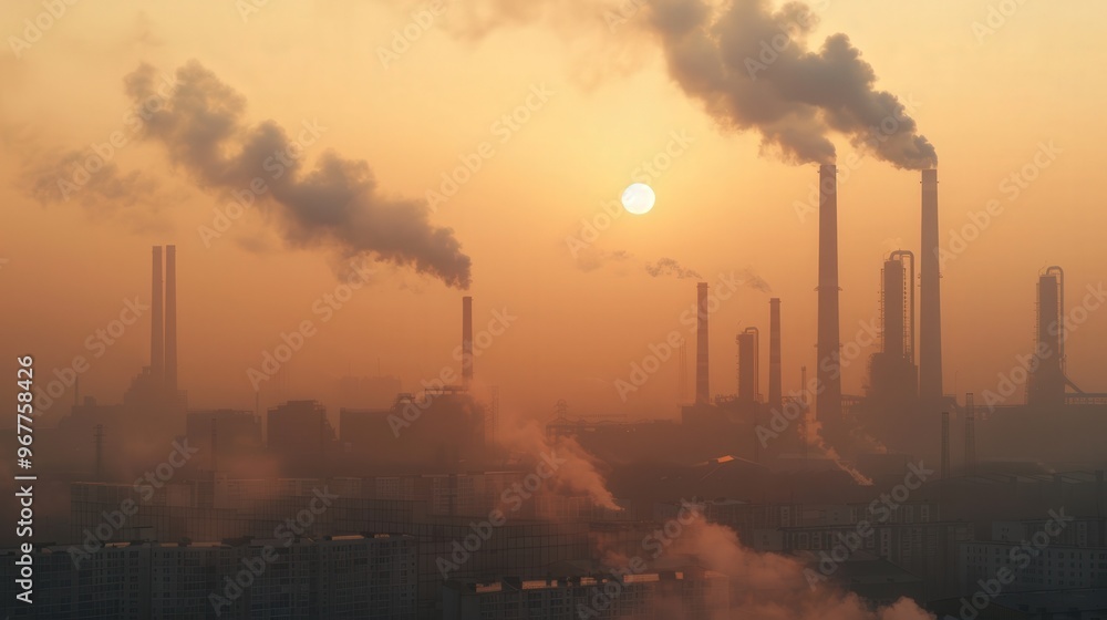 Industrial Dystopia, a scene of heavy smog enveloping distant factories, showcasing a gritty and polluted landscape, where air quality is visibly compromised, evoking a sense of environmental decay. Industrial Dystopia, a scene of heavy smog enveloping distant factories, showcasing a gritty and polluted landscape, where air quality is visibly compromised, evoking a sense of environmental decay.