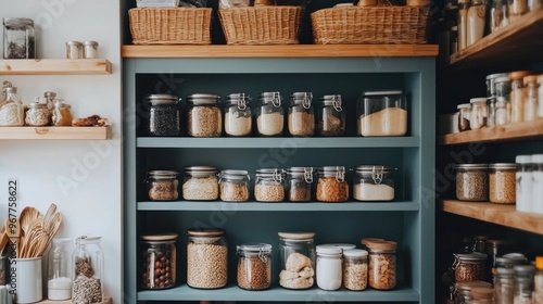 Kitchen pantry shelves with various jars of spices and grains.