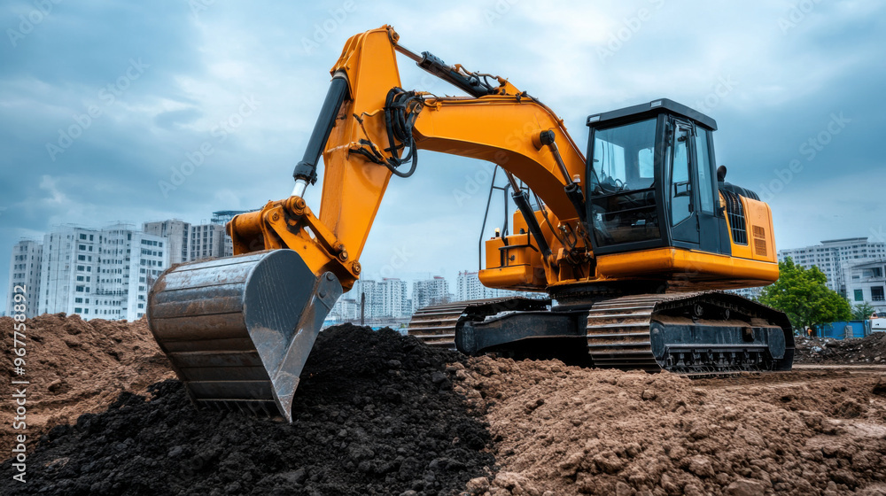 Obraz premium A large yellow excavator is seen digging earth at a construction site with urban buildings in the background.