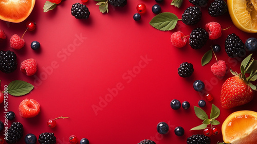 assorted berry fruit with red background. photo