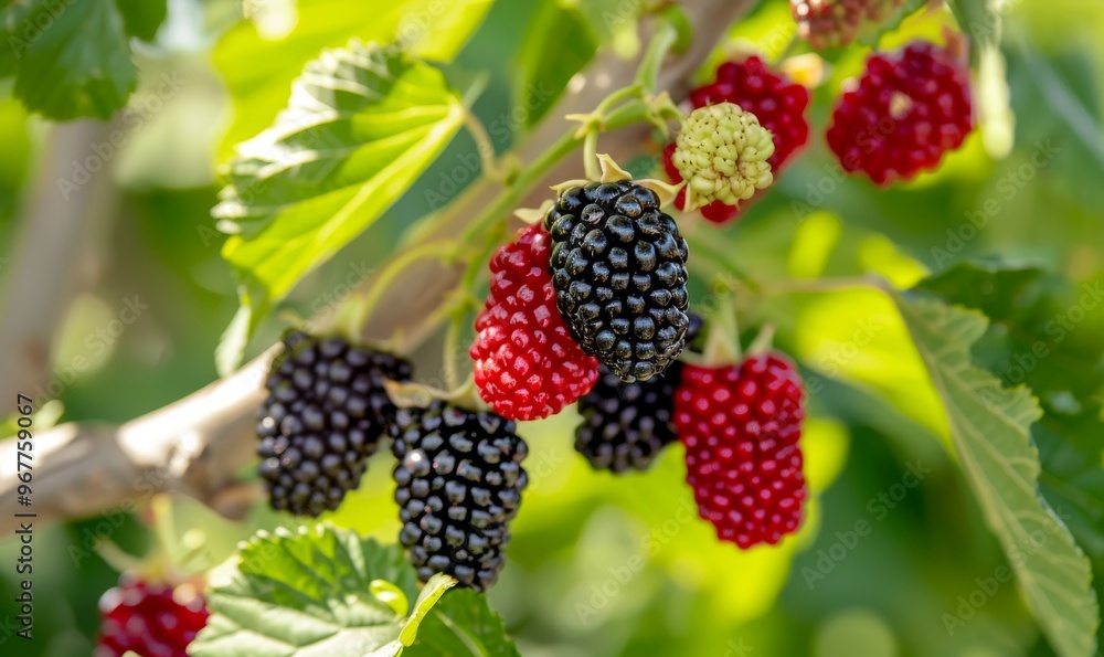 Fresh Blackberries and Raspberries Hanging From Green Leaves on a Sunny Day in a Garden Fresh Blackberries and Raspberries Hanging From Green Leaves on a Sunny Day in a Garden